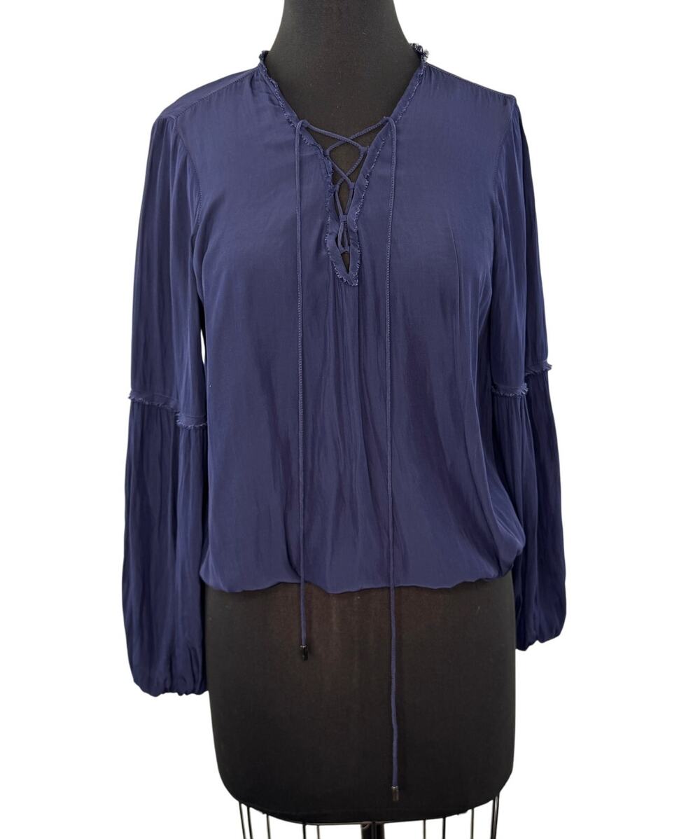 Ramy Brooks Navy Blue Blouse V-Neck Tie Front Fringe Balloon Sleeve Sz M Medium